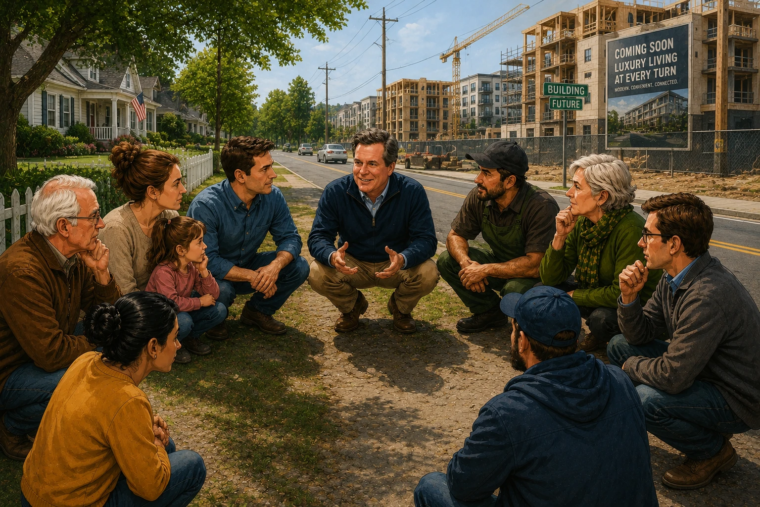 Illustrated Bedford roundtable discussing growth, housing, zoning, and preserving local character, with a charming suburban street on one side and urban-style construction on the other.