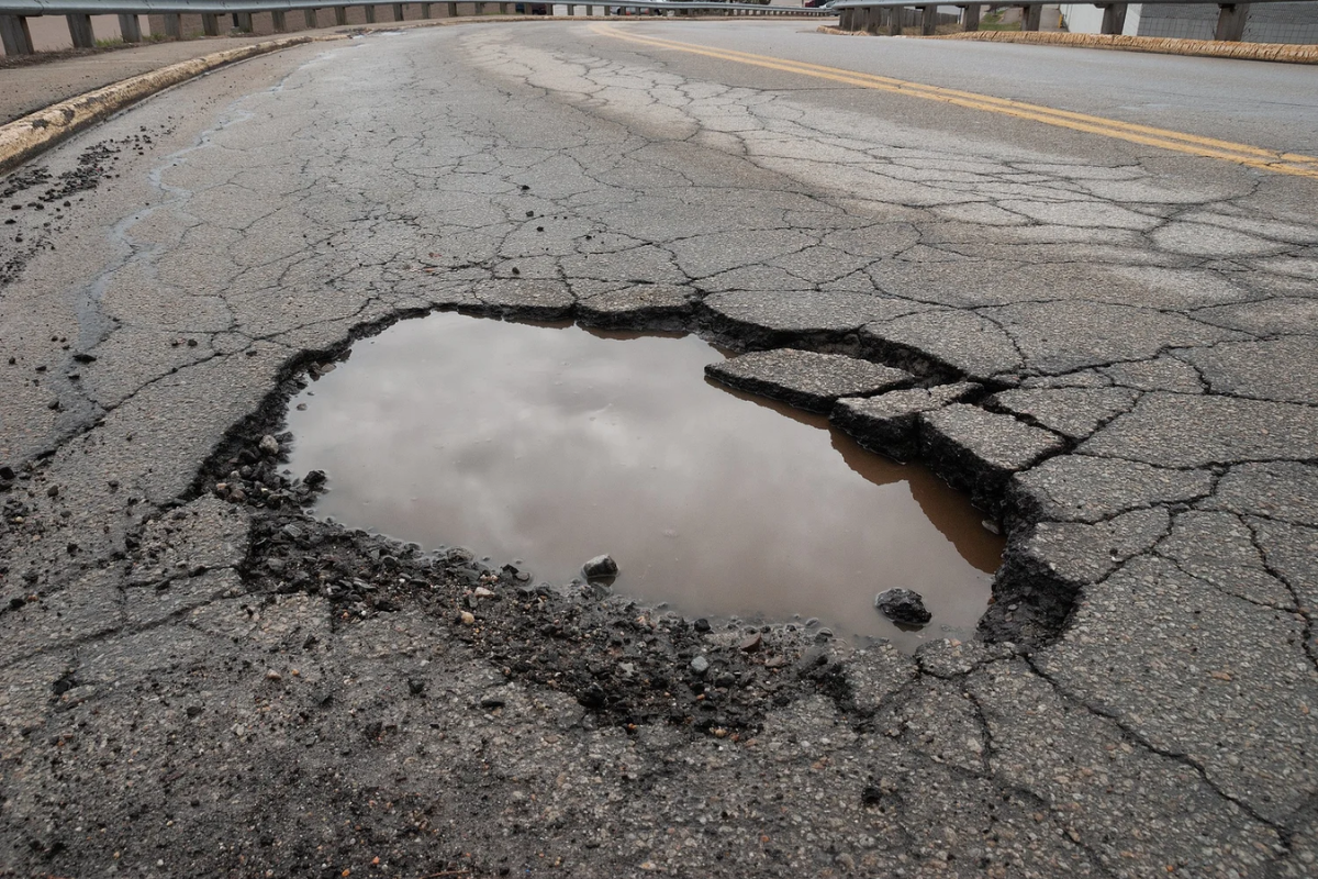 Illustrated campaign image showing pothole damage on a Bedford road