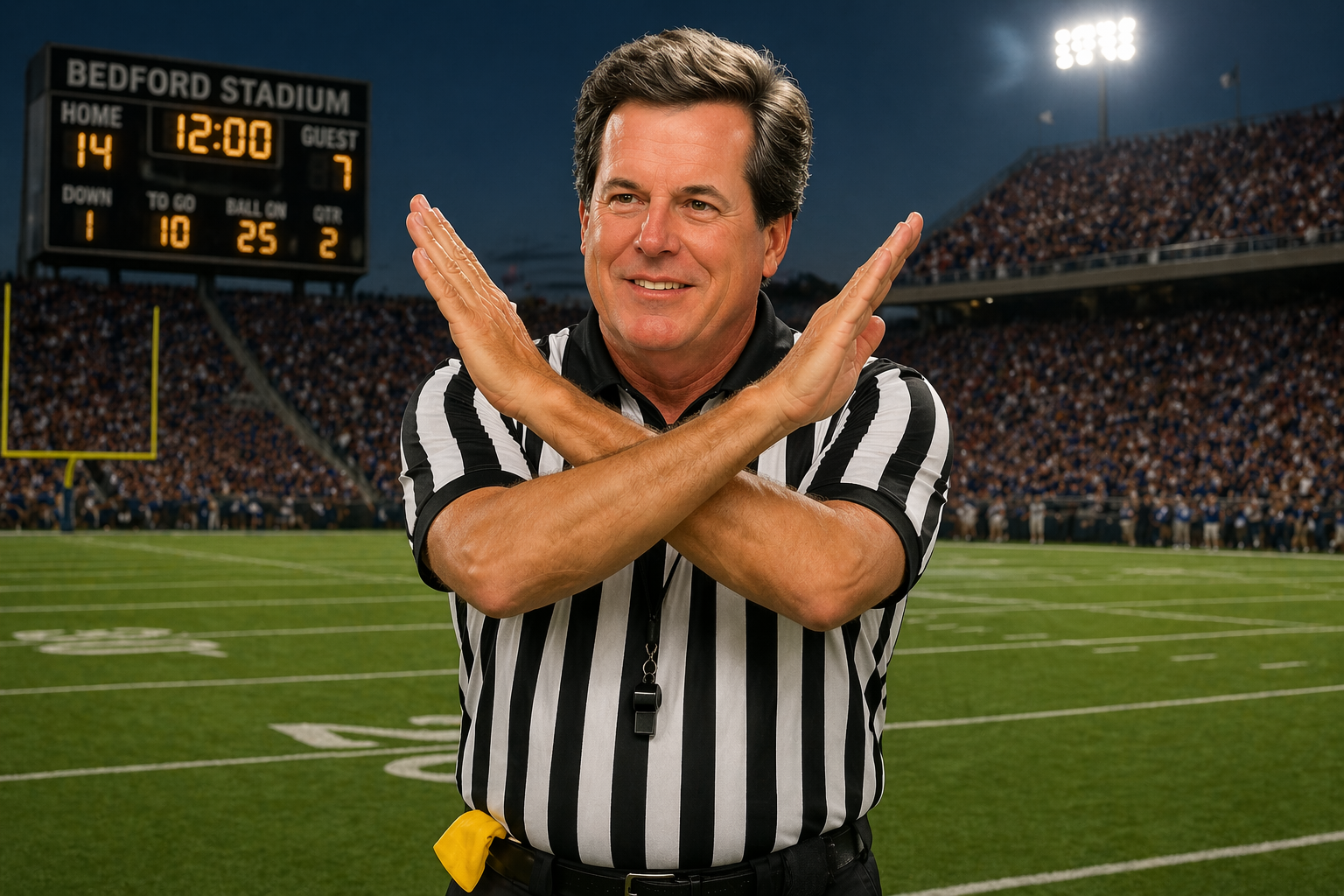 Don Scott dressed as a referee signaling no catch