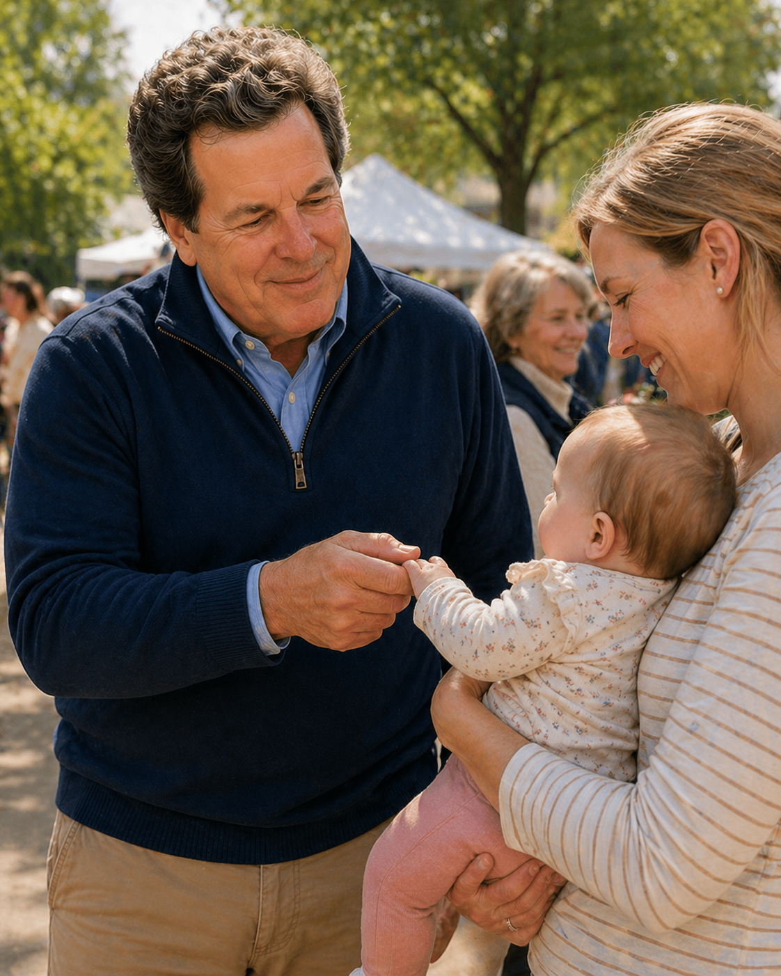 Don Scott meeting a young baby while out in Bedford