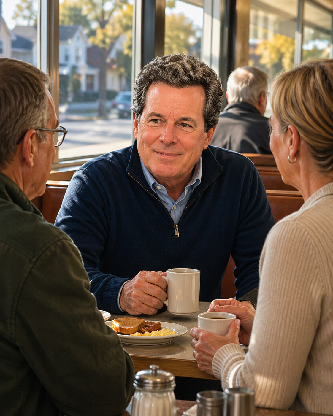 Don Scott sitting with two Bedford residents over coffee