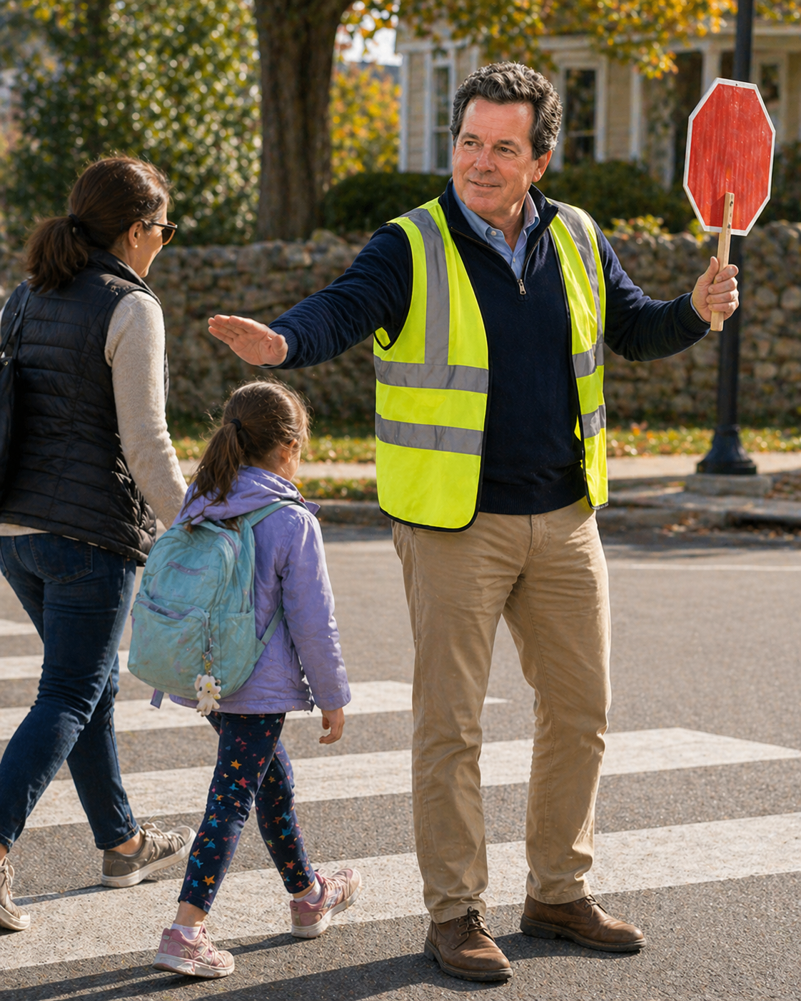 Don Scott in a crossing guard vest helping residents cross a Bedford street