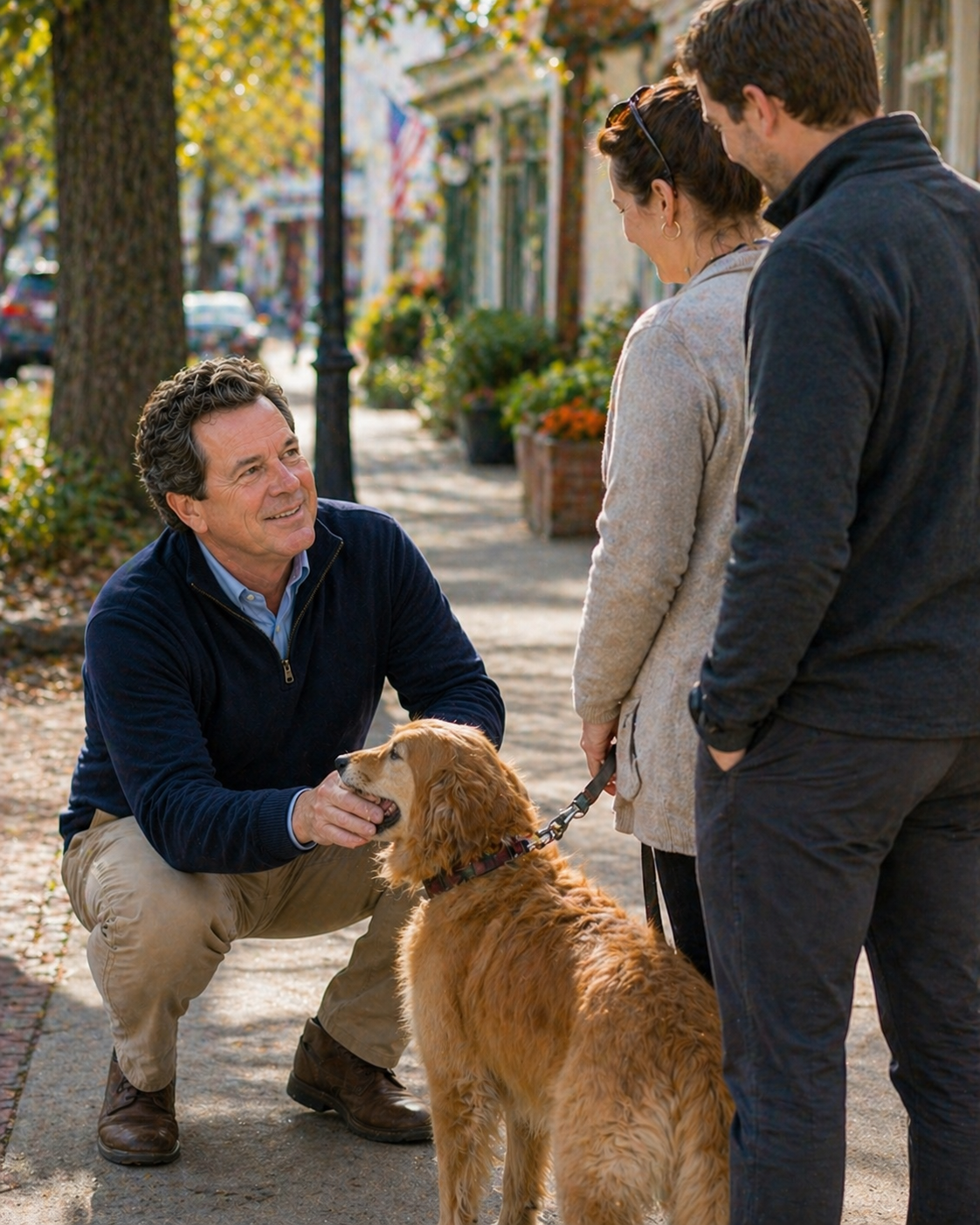 Don Scott crouching to pet a dog while meeting a resident couple in Bedford