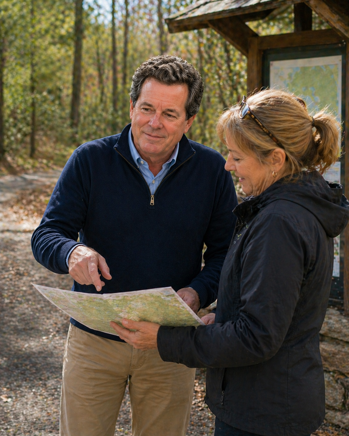 Don Scott and a resident reviewing a trail map together in Bedford