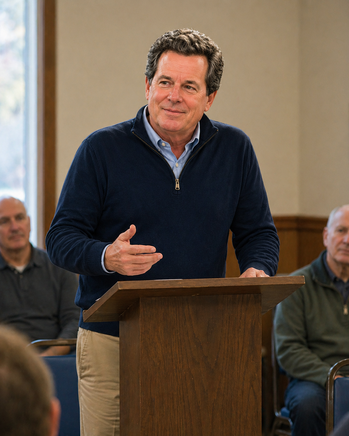 Don Scott standing at a podium during a Bedford town meeting