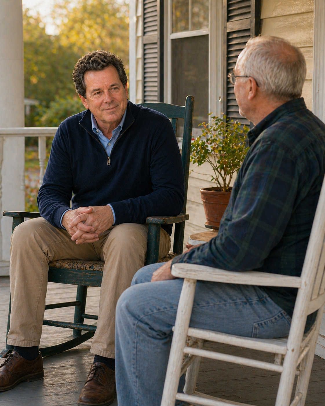 Don Scott sitting with a Bedford resident on a front porch in conversation