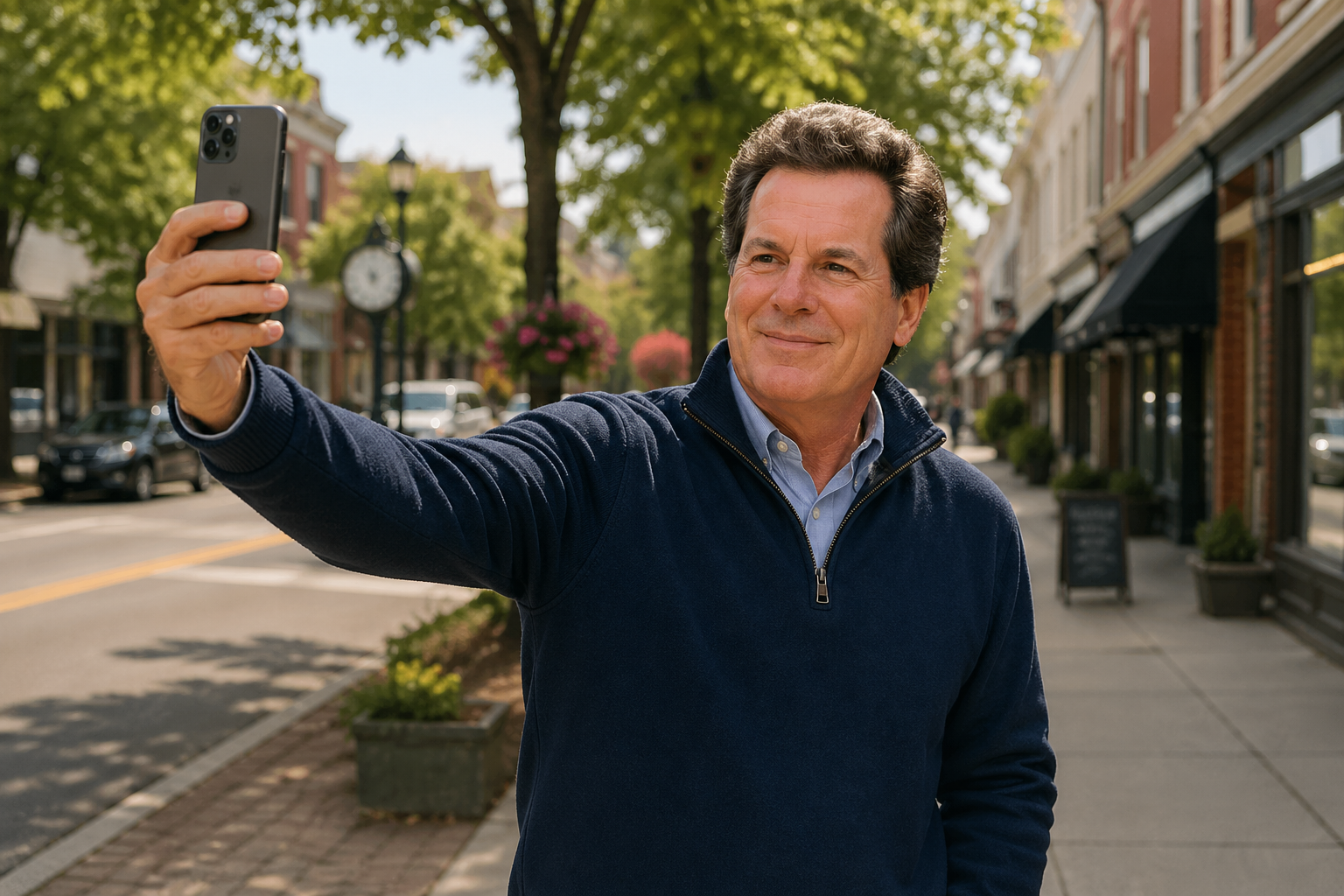 Don Scott taking a campaign-style selfie in downtown Bedford