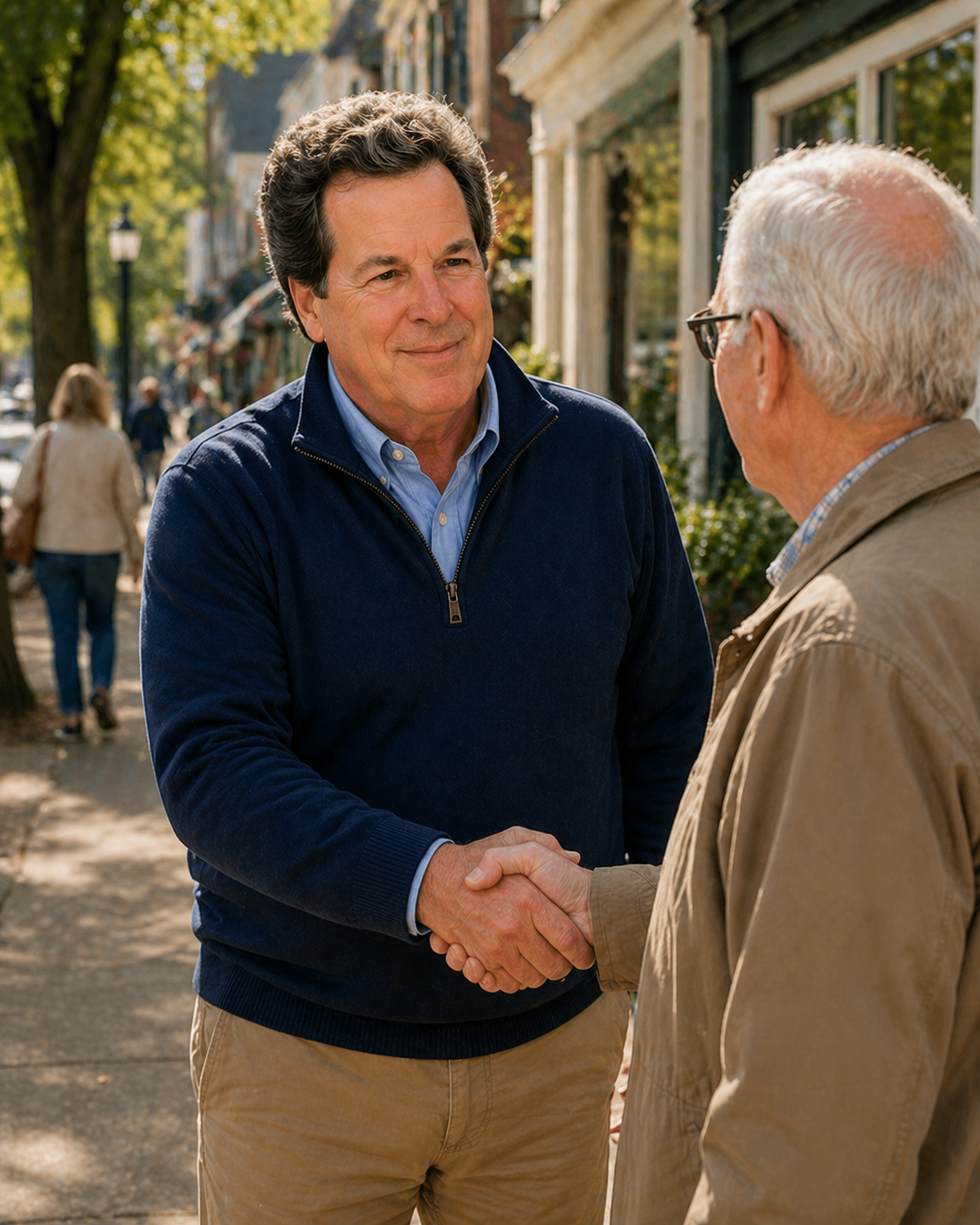 Don Scott shaking hands warmly with a senior Bedford resident