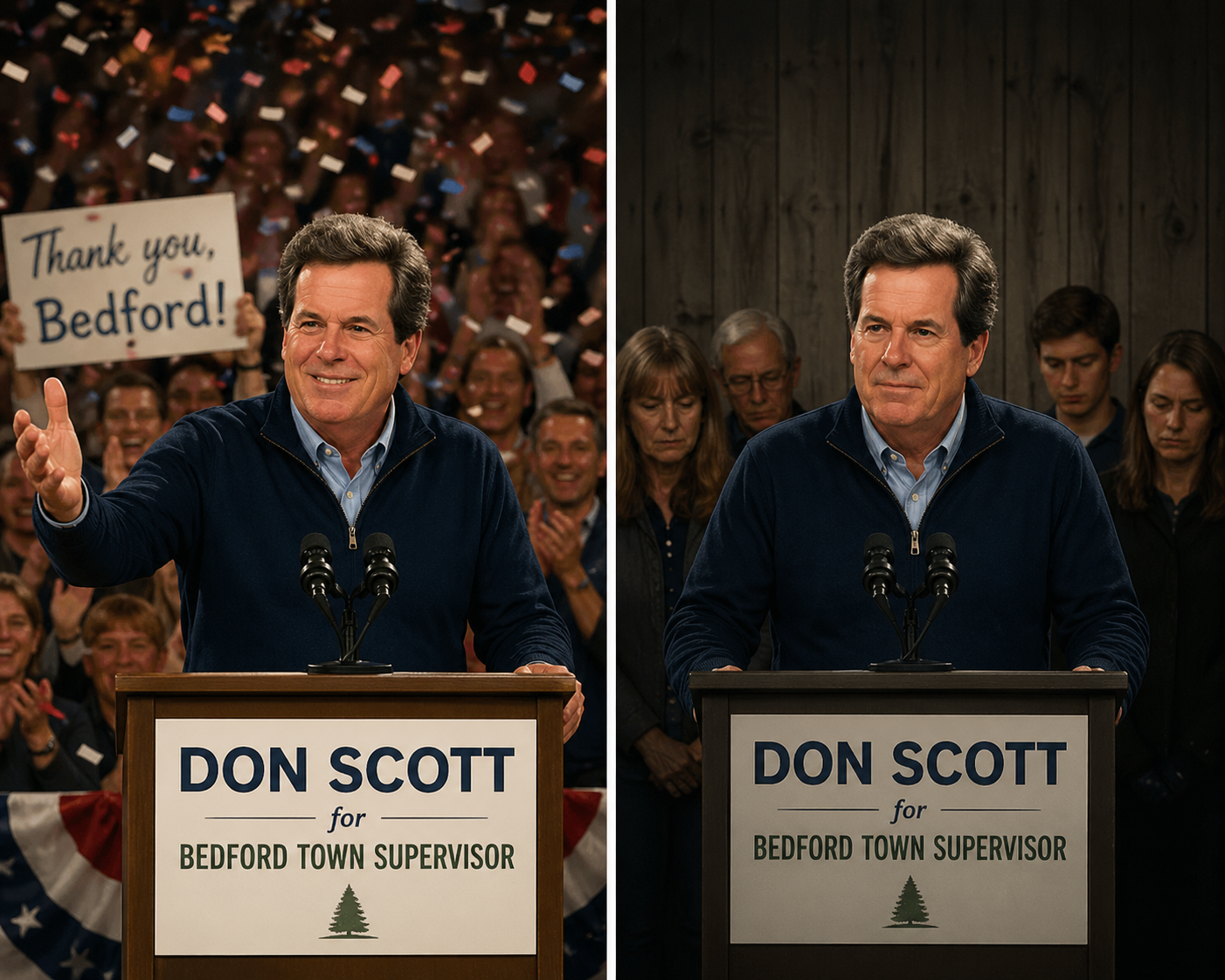 Split image of Don Scott giving a victory speech and a concession speech