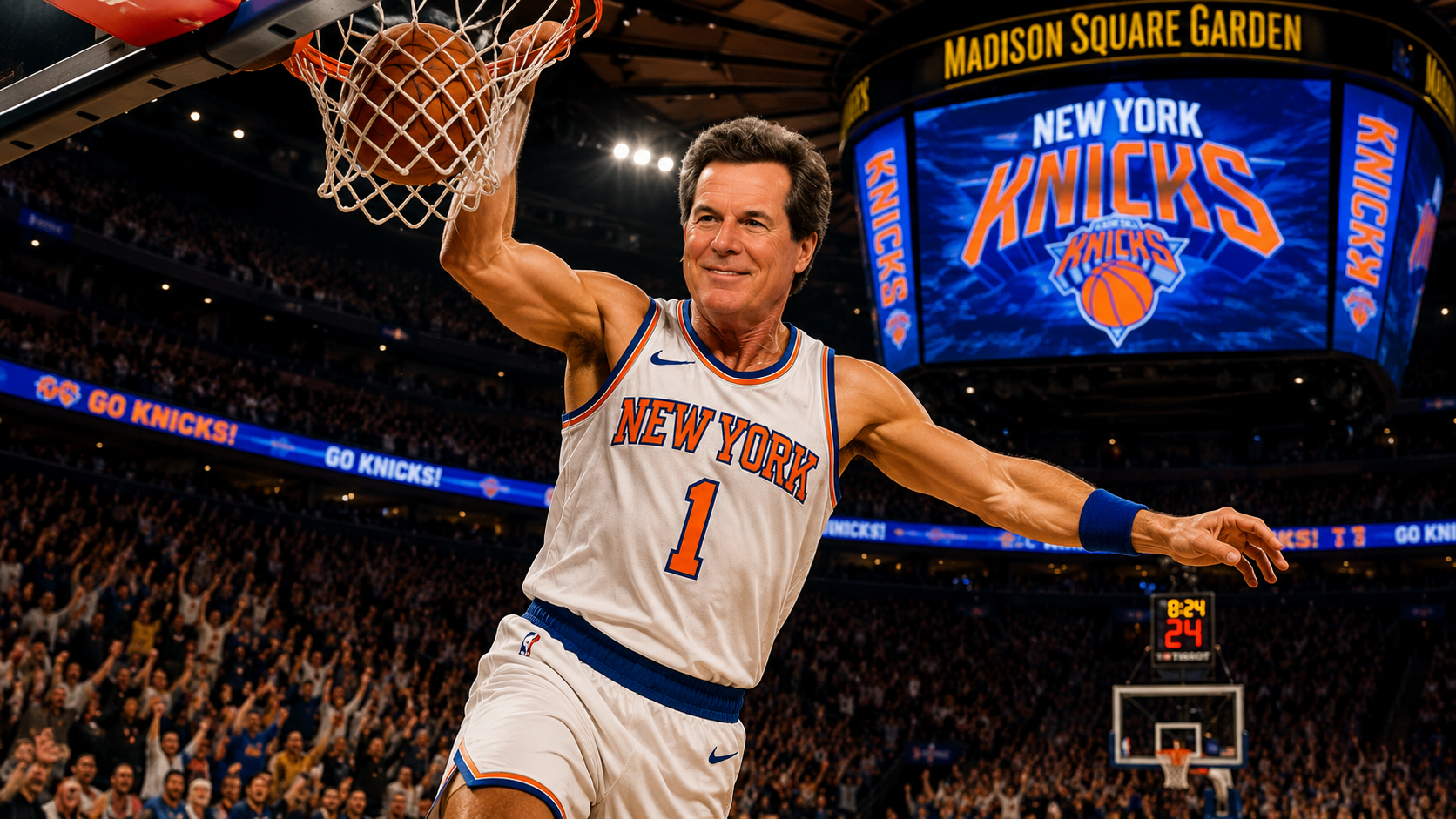 Don Scott in a Knicks jersey dunking a basketball at Madison Square Garden